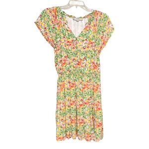 LOFT Floral Flutter Sleeve Button Front Pink Yellow Orange Floral Dress SZ PL